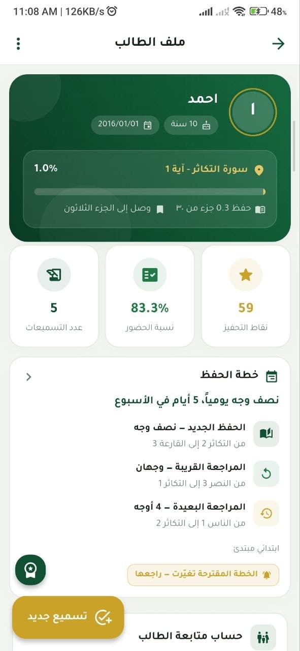 لوحة تقدم الطالب في تطبيق المحفظ